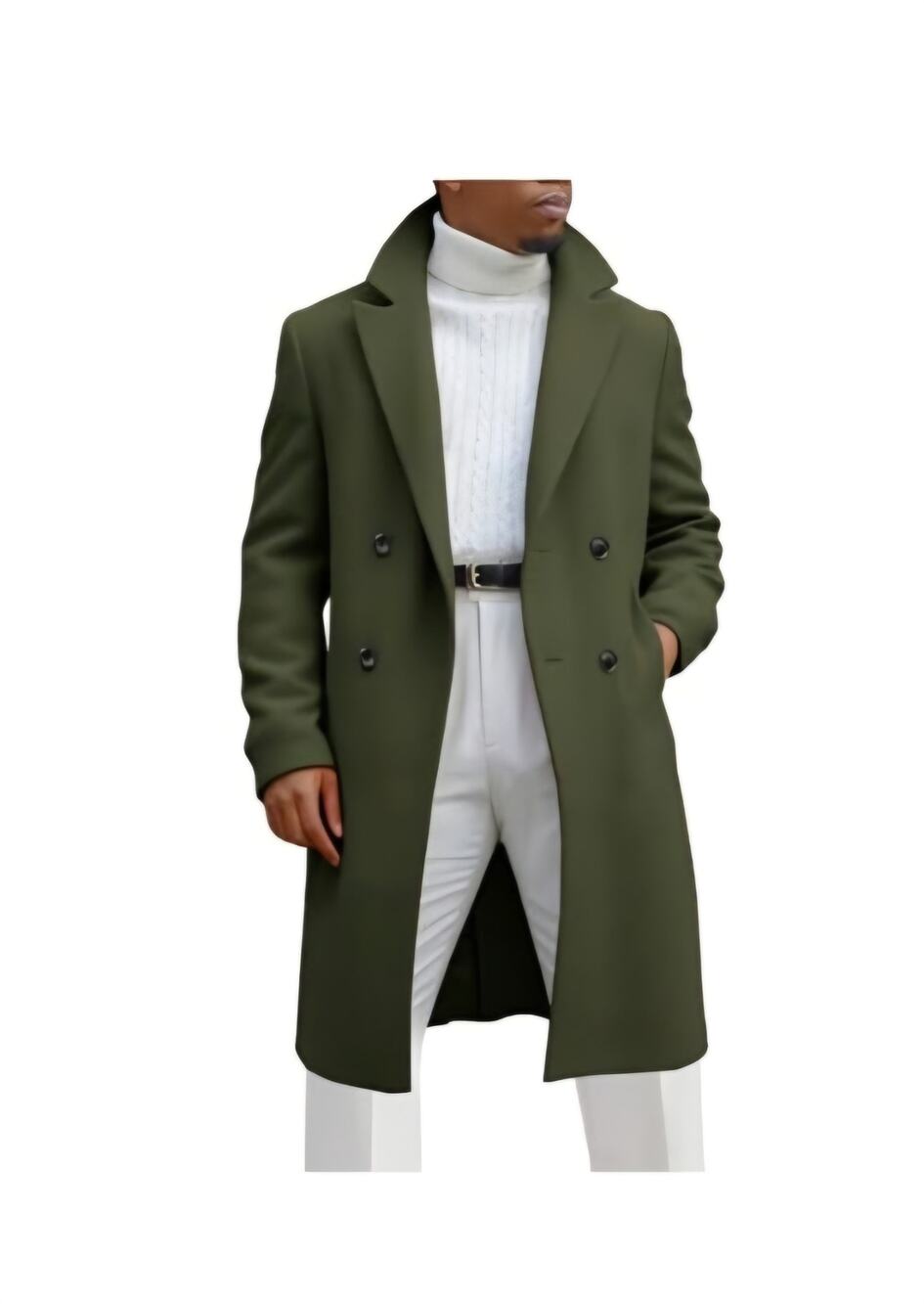 Runcati Mens Trench Coat XL Double Breasted Mid Long Peacoat Army Green